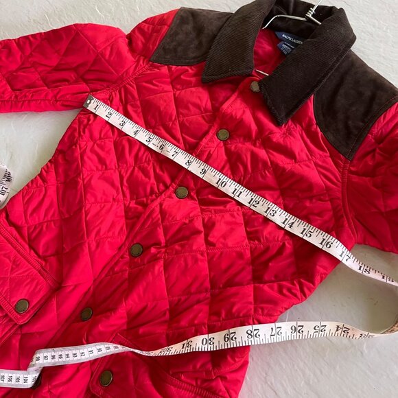Ralph Lauren Red Quilted Calf Suede Trim Mid Length Barn Jacket Girls Size 12 - Picture 5 of 10